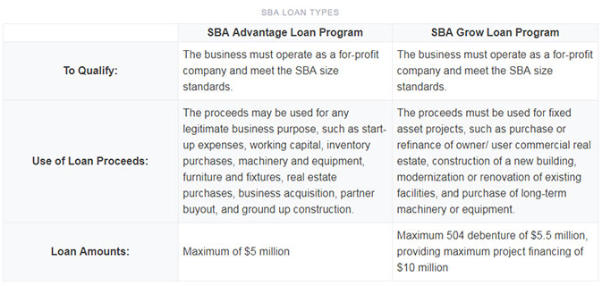 Table of the Different Types of SBA Loans